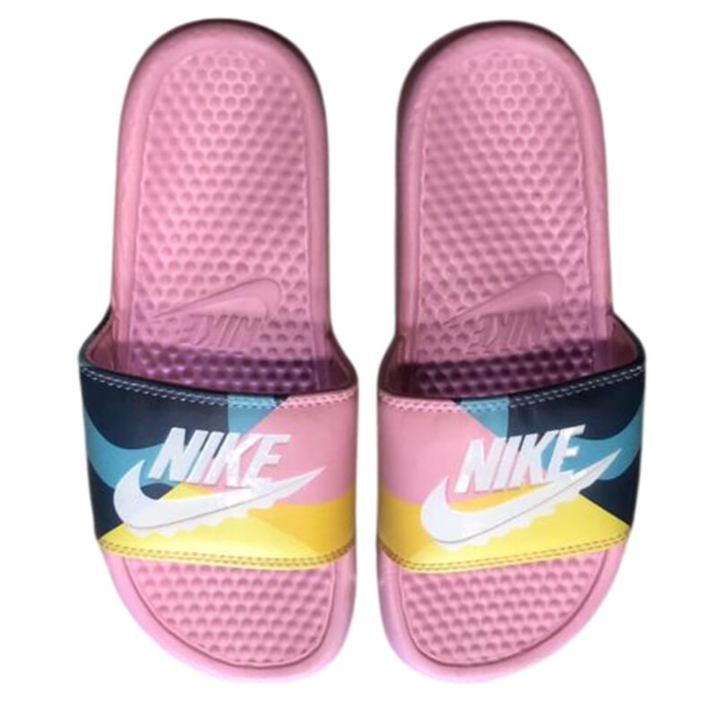 NikeBenassiJdiSlidesPinkwithyellowandnavyFace Trendy and Sporty