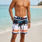 Palm Stripes Coastal Beach Swim Shorts