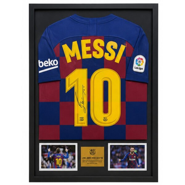 Messi 10 Barcelona Framed Retro Signed Home Jersey 55x75